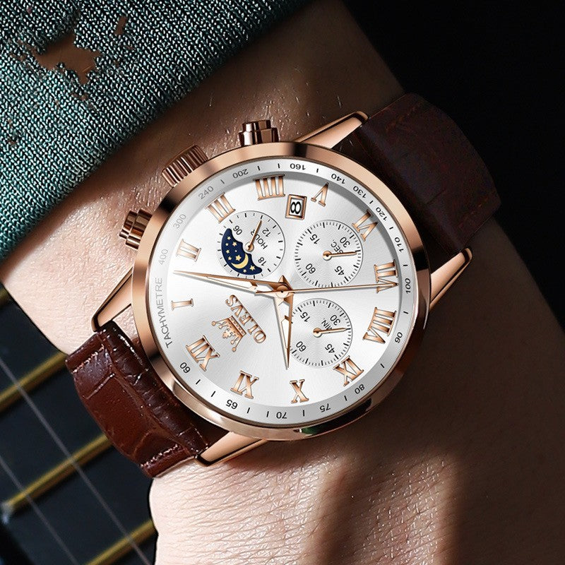 Luxury watch with brown leather strap on a wrist, close-up shot.