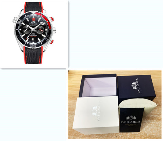 Watch with red accents and Paul Reis packaging on a wooden surface