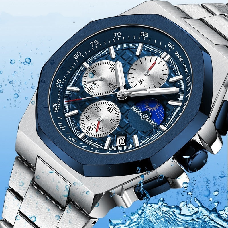 Silver and blue watch with water droplets on a light blue background
