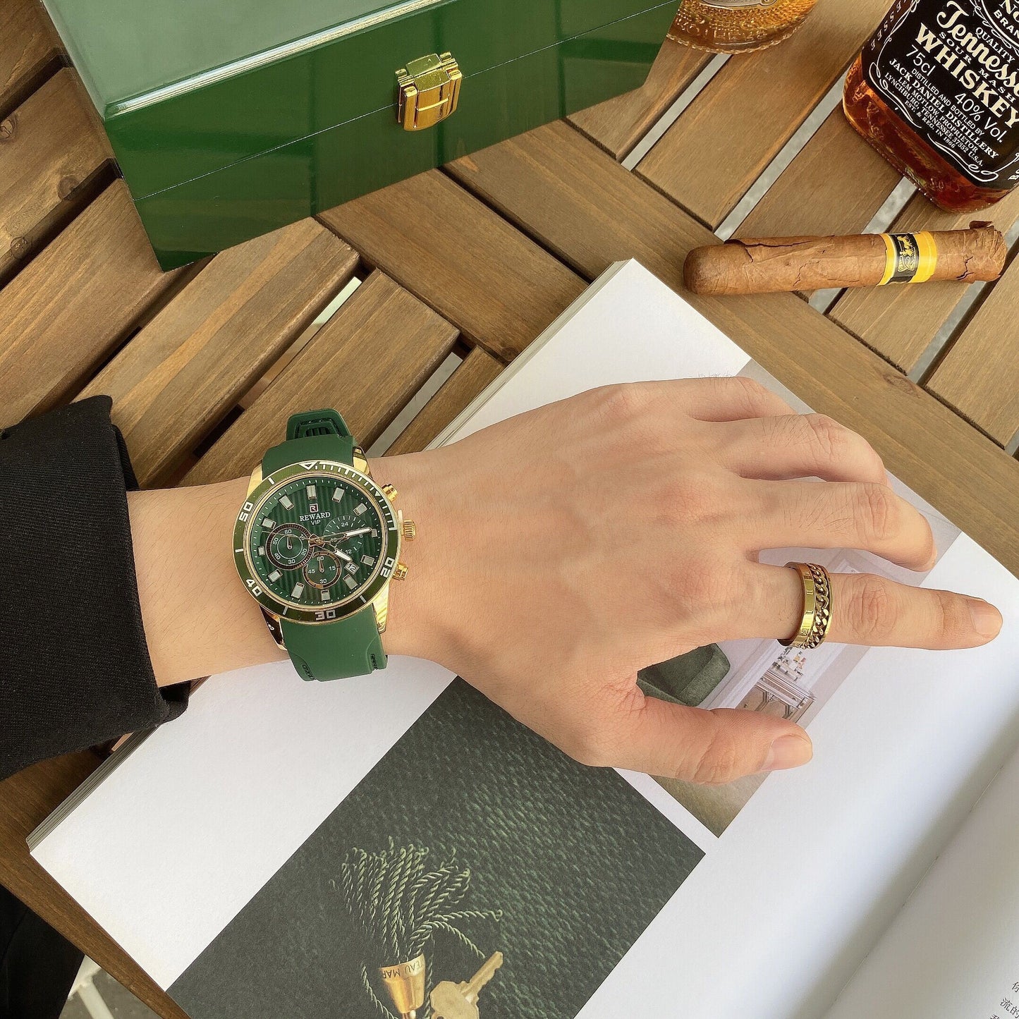 REWARD-Watch Men's Silicone Belt Mori Malachite Green Phnom Penh Three Eyes Luminous Calendar