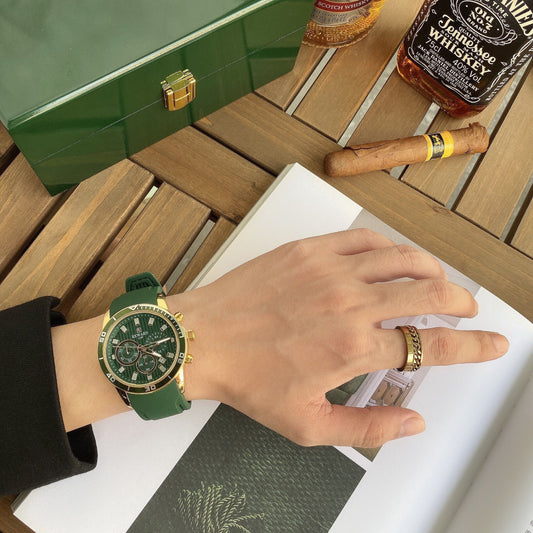 REWARD-Watch Men's Silicone Belt Mori Malachite Green Phnom Penh Three Eyes Luminous Calendar