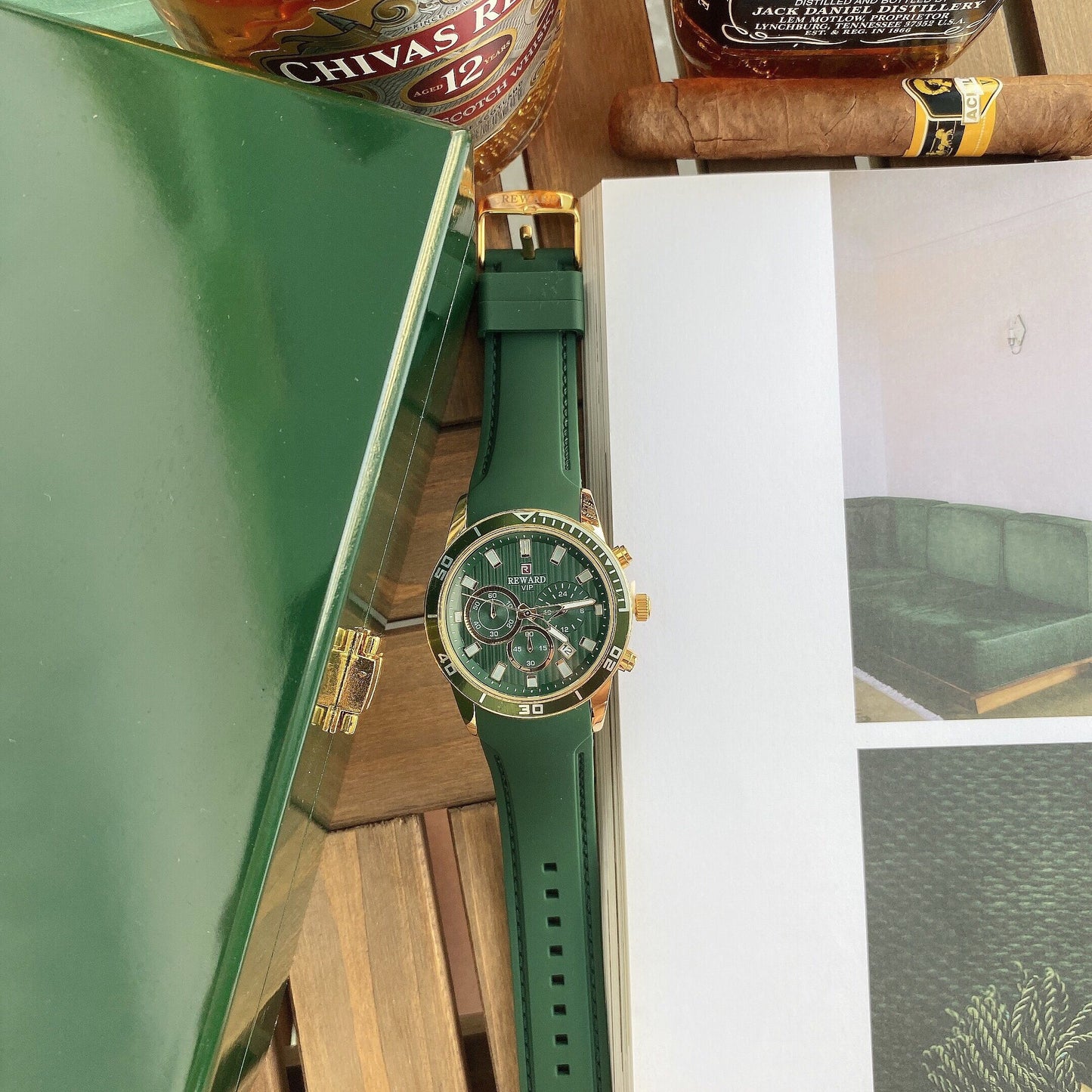 REWARD-Watch Men's Silicone Belt Mori Malachite Green Phnom Penh Three Eyes Luminous Calendar