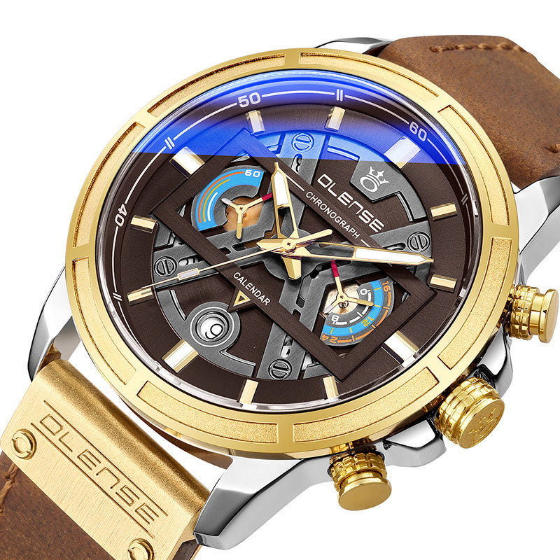 Luxury watch with gold and brown strap and intricate face design on a white background