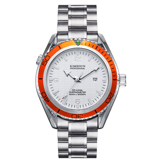 Silver watch with orange bezel on a white background