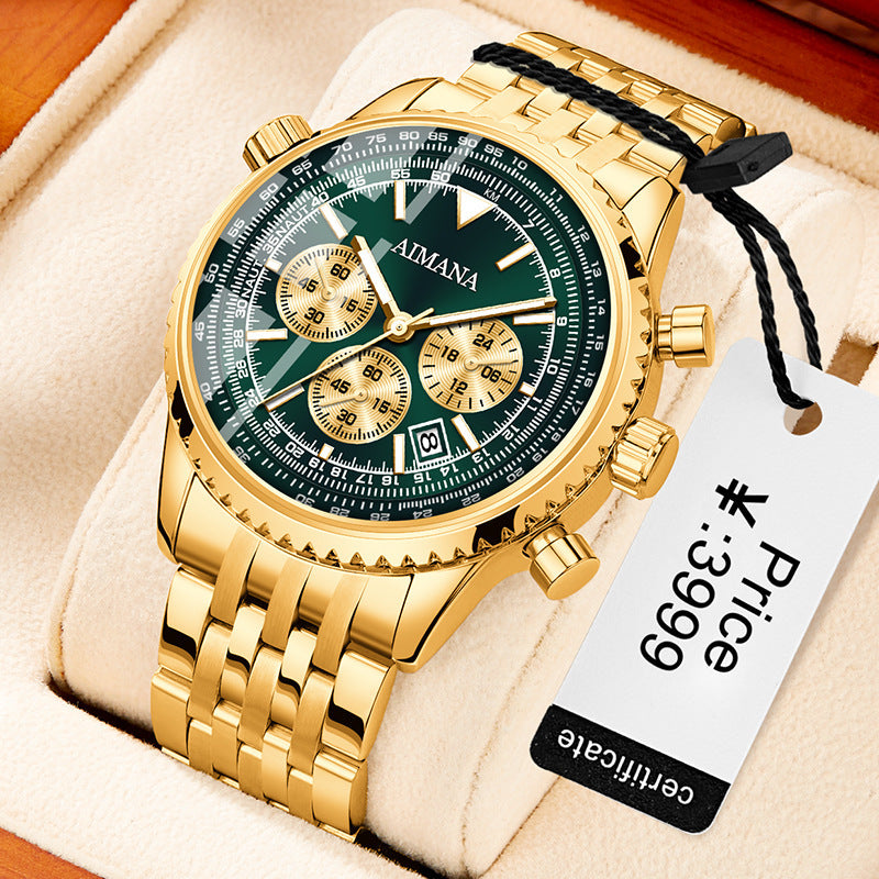 Gold wristwatch with green dial on a beige cushion, price tag visible