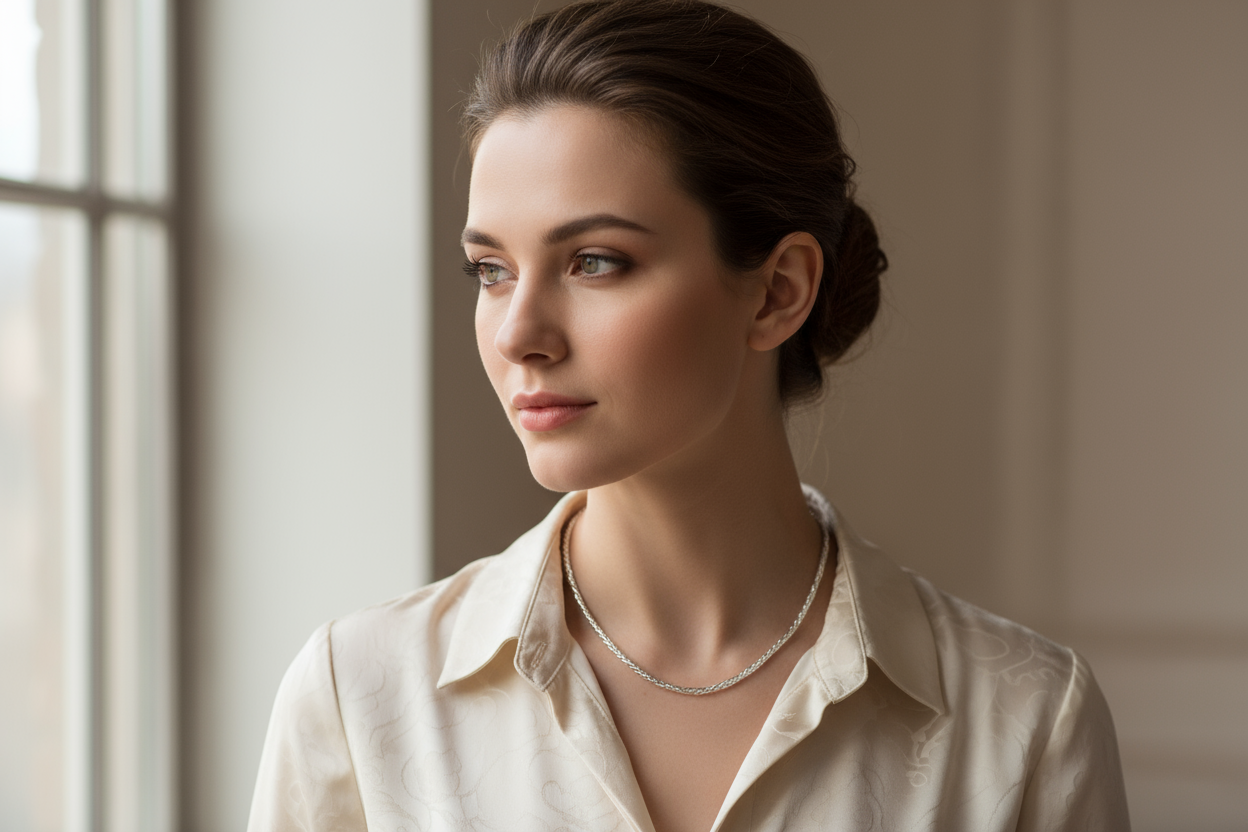 femme avec collier sans anneaux et boucle d'oreille